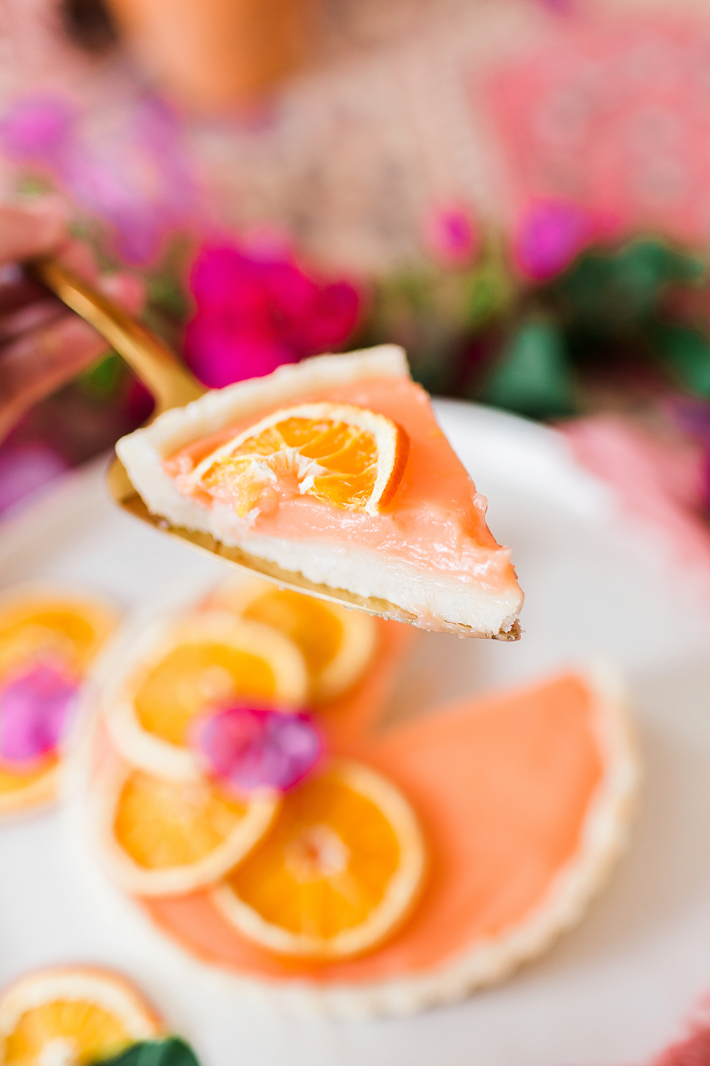 orange tart with bougainvillea